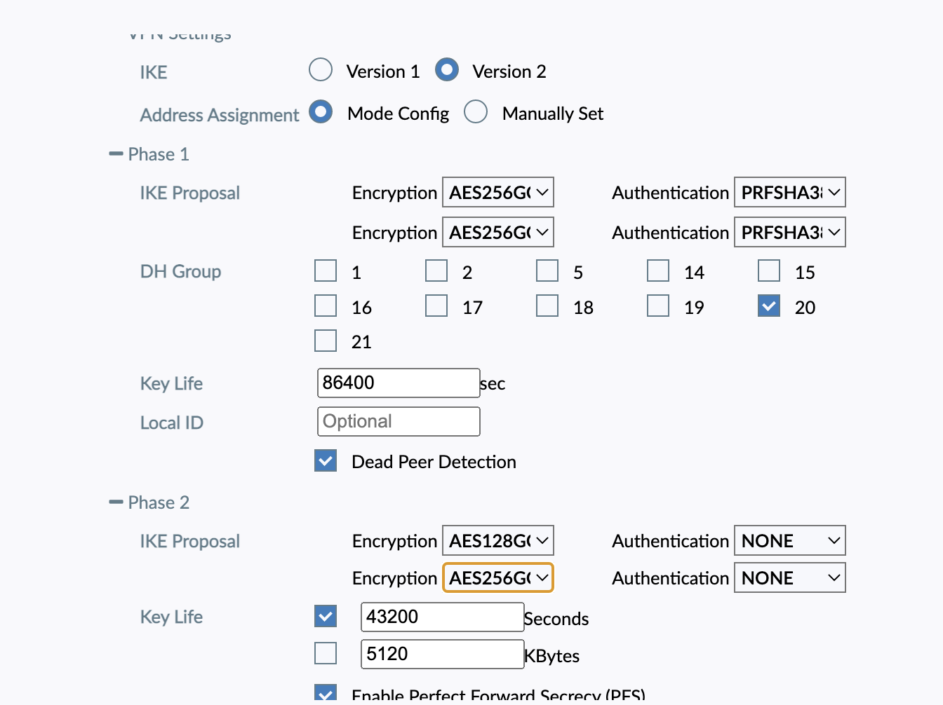 FortiClient VPN-Only advanced settings showing IKE version 2, mode config, Phase 1 AES256GCM with PRFSHA384 and DH group 20, Phase 2 AES-GCM proposals with key life 43200 seconds