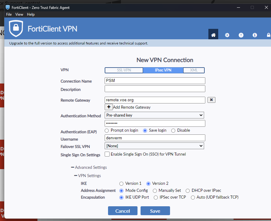 FortiClient New VPN Connection screen with IPsec VPN selected, connection name PSM, remote gateway remote.voe.org, and pre-shared key authentication